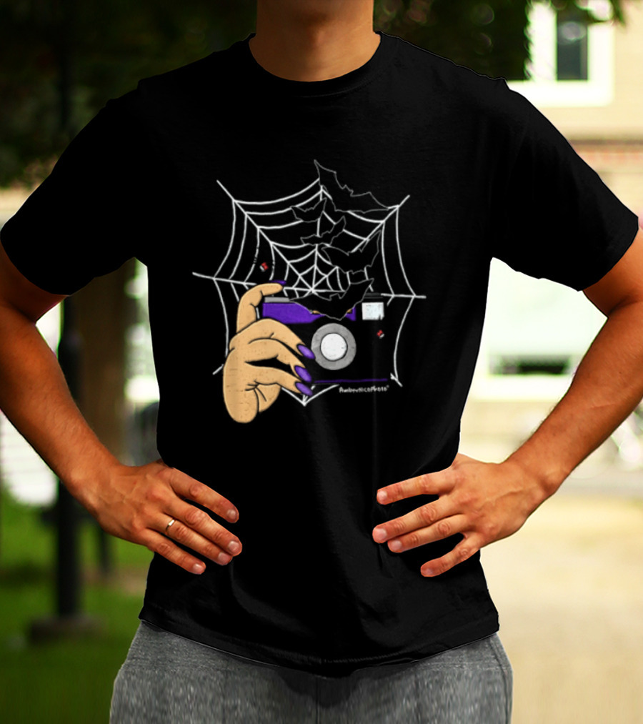 AmberNicoPhoto Camera With Bats And Spider Web Halloween T-Shirt