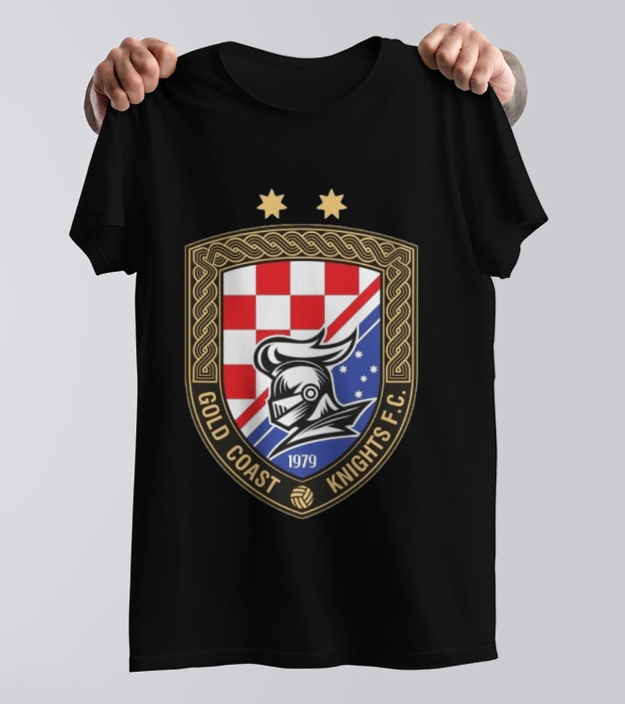 Gold Coast Knights F.C. 1979 Crest With Chessboard Pattern And Knight Helmet T-Shirt