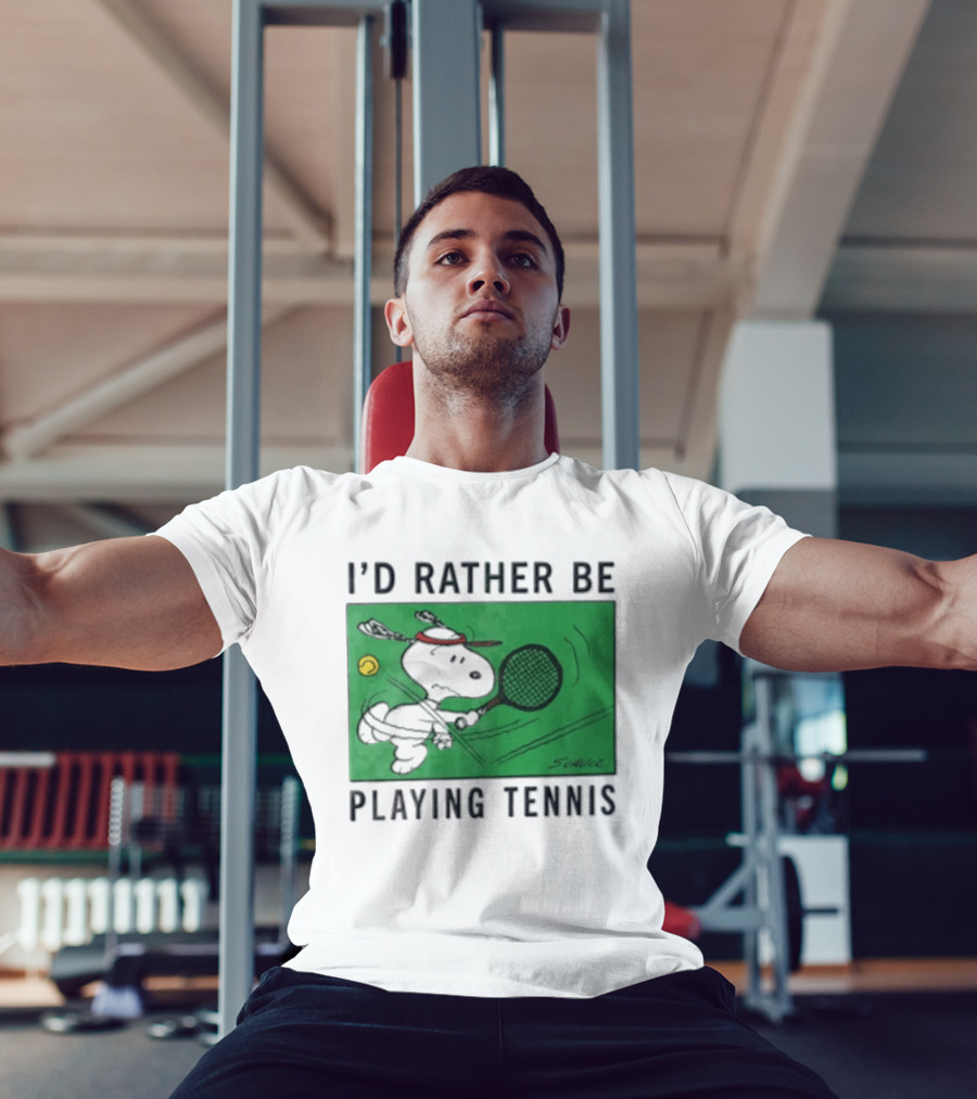 I'd Rather Be Playing Tennis Peanuts Snoopy Racquet Cartoon Green Court Schulz T-Shirt