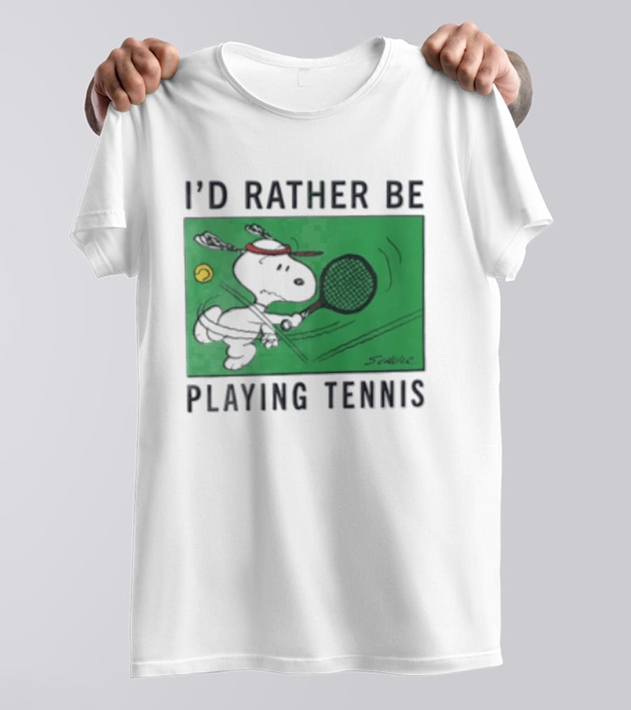 I'd Rather Be Playing Tennis Peanuts Snoopy Racquet Cartoon Green Court Schulz T-Shirt