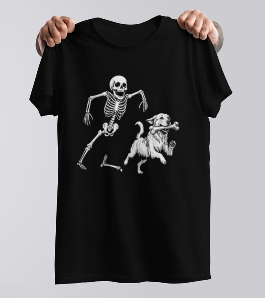Skeleton Chasing Golden Retriever With Leg Bone T-Shirt