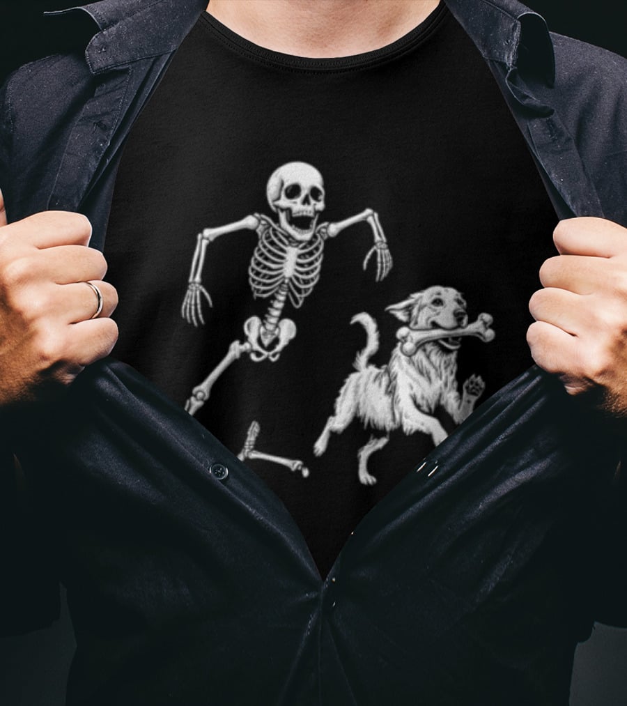 Skeleton Chasing Golden Retriever With Leg Bone T-Shirt