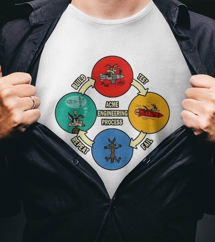 Wile E Coyote Acme Engineering Process Build Test Fail Repeat Cycle T-Shirt