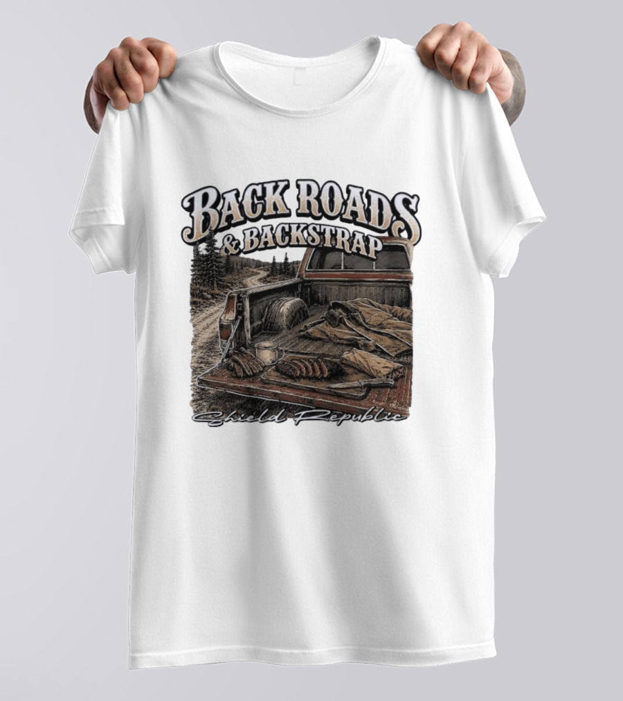 Back Roads & Backstrap Shield Republic Hunting Truck Scene T-Shirt
