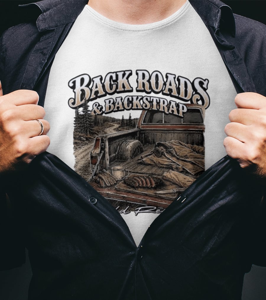 Back Roads & Backstrap Shield Republic Hunting Truck Scene T-Shirt
