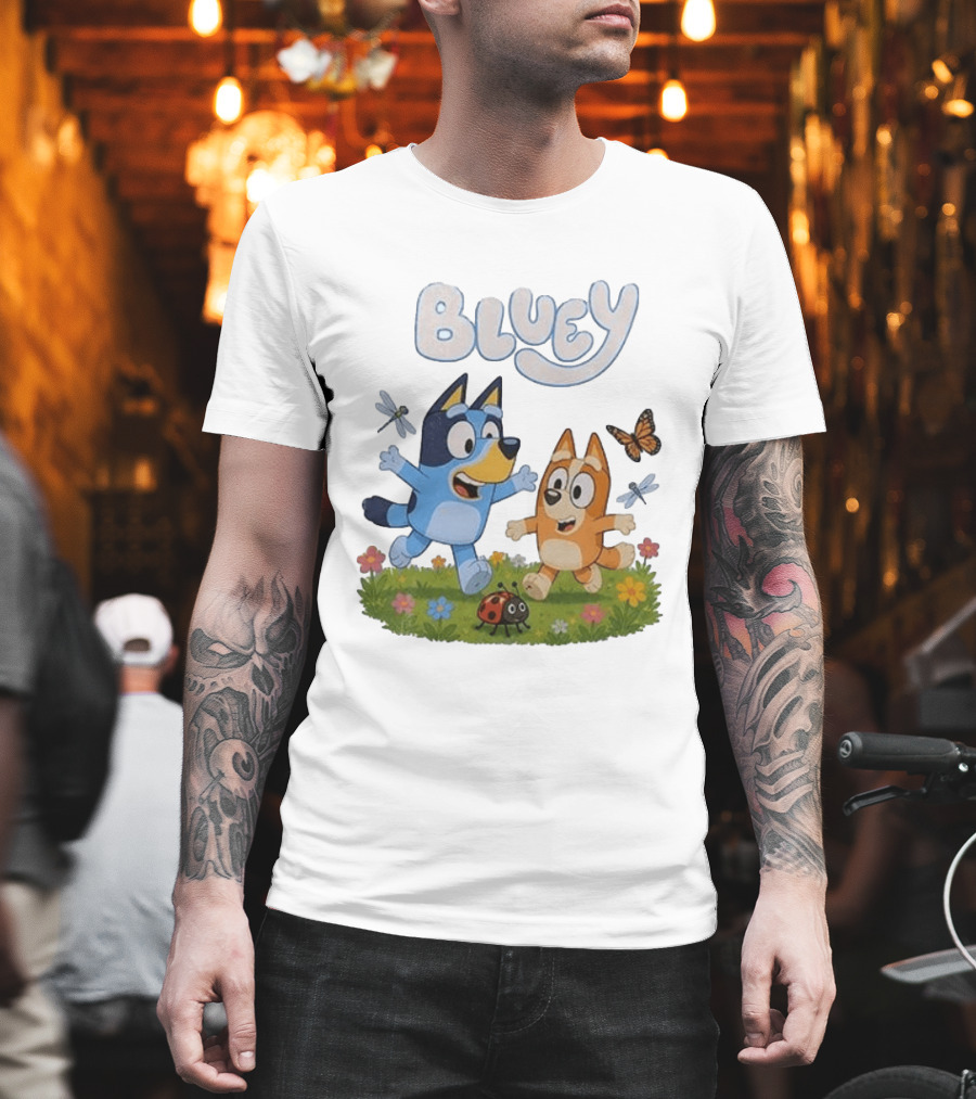 Bluey And Friends Playing With Bugs And Butterflies In The Meadow T-Shirt
