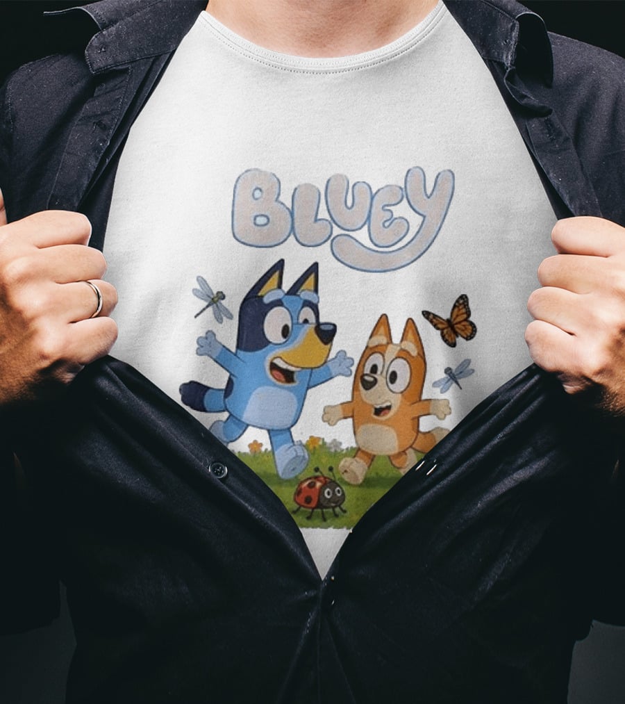Bluey And Friends Playing With Bugs And Butterflies In The Meadow T-Shirt