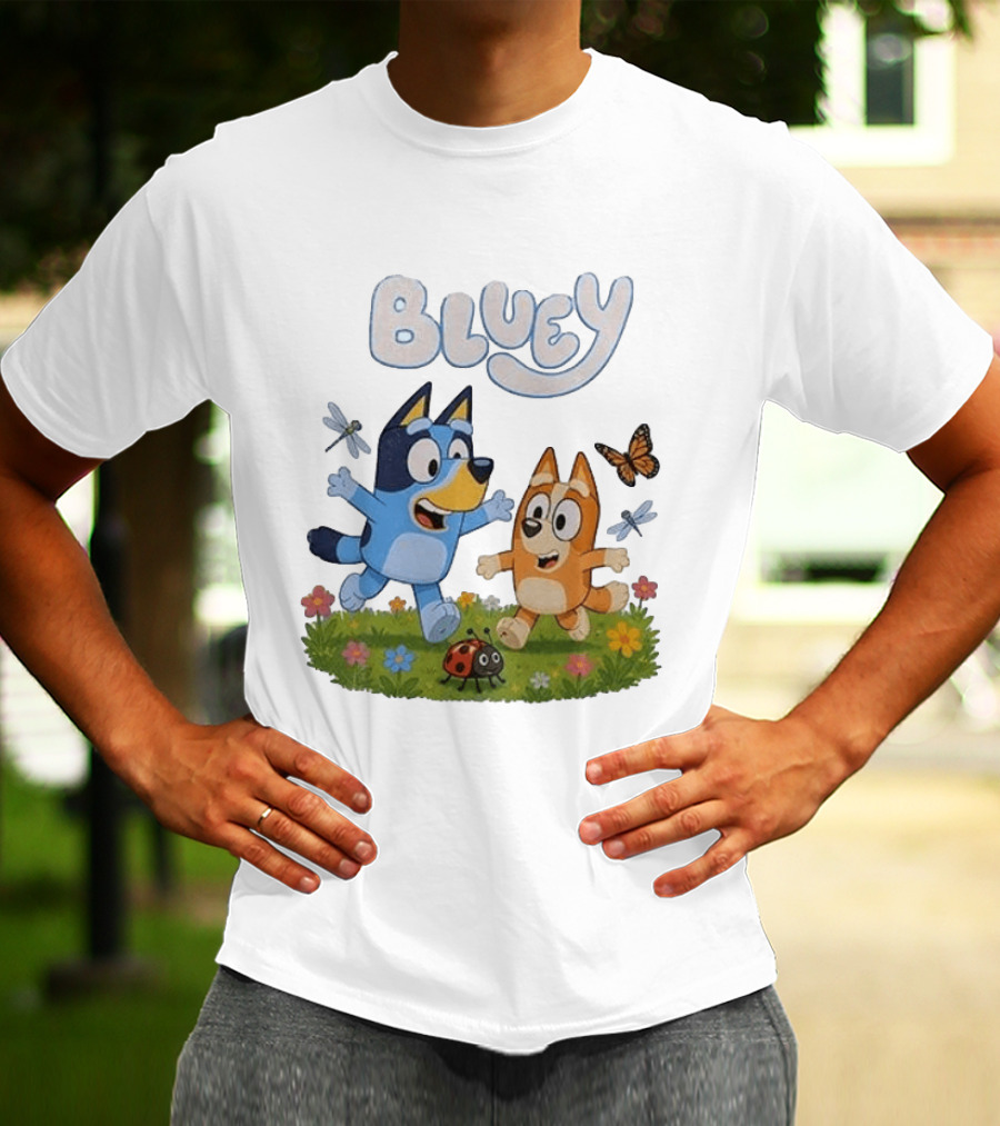 Bluey And Friends Playing With Bugs And Butterflies In The Meadow T-Shirt