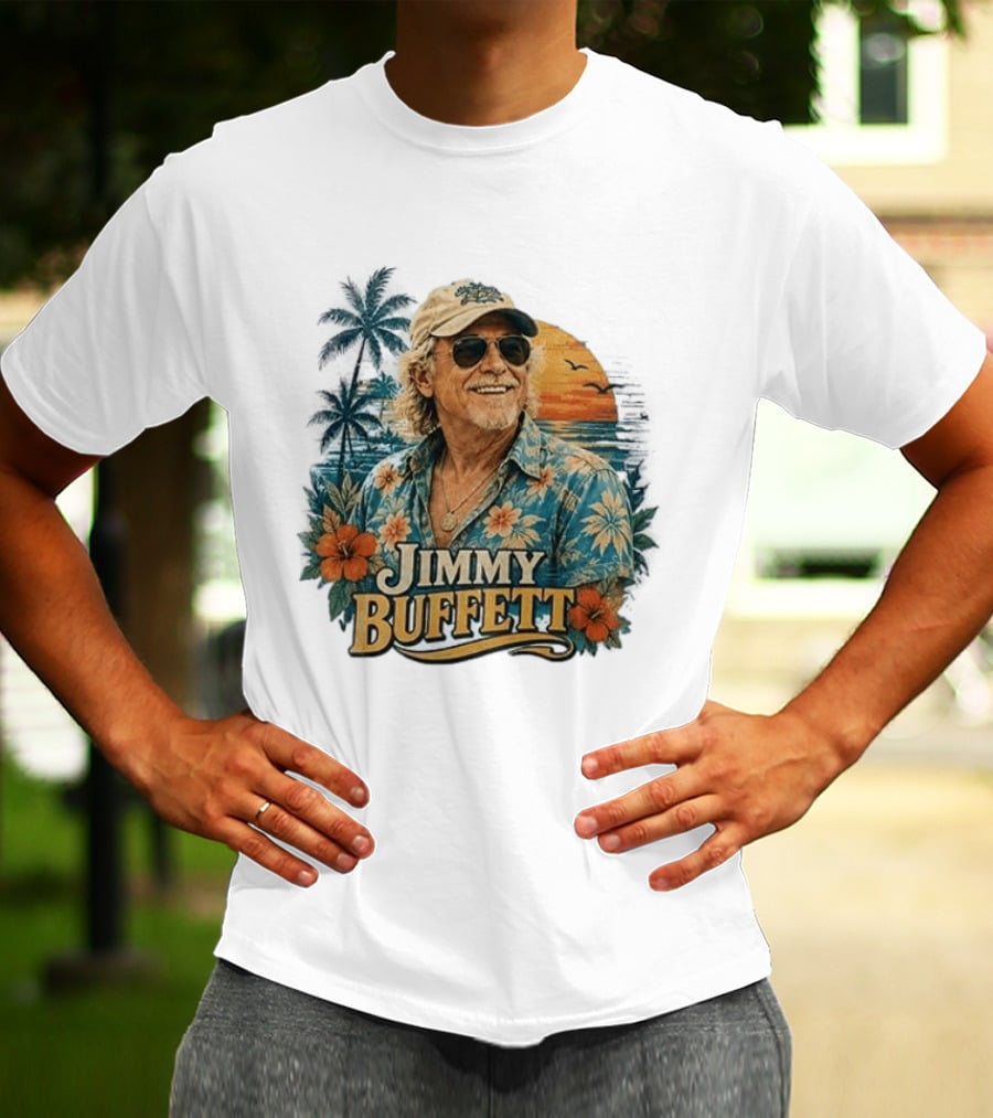 Jimmy Buffett Tropical Vibes Sunset And Palm Trees Floral T-Shirt
