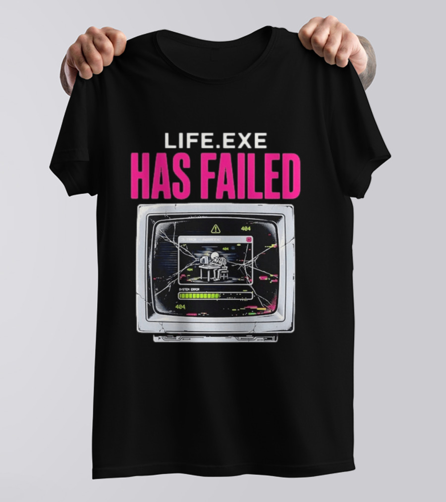 Lifeexe Has Failed System Error 404 Skeleton Computer Retro Monitor T-Shirt