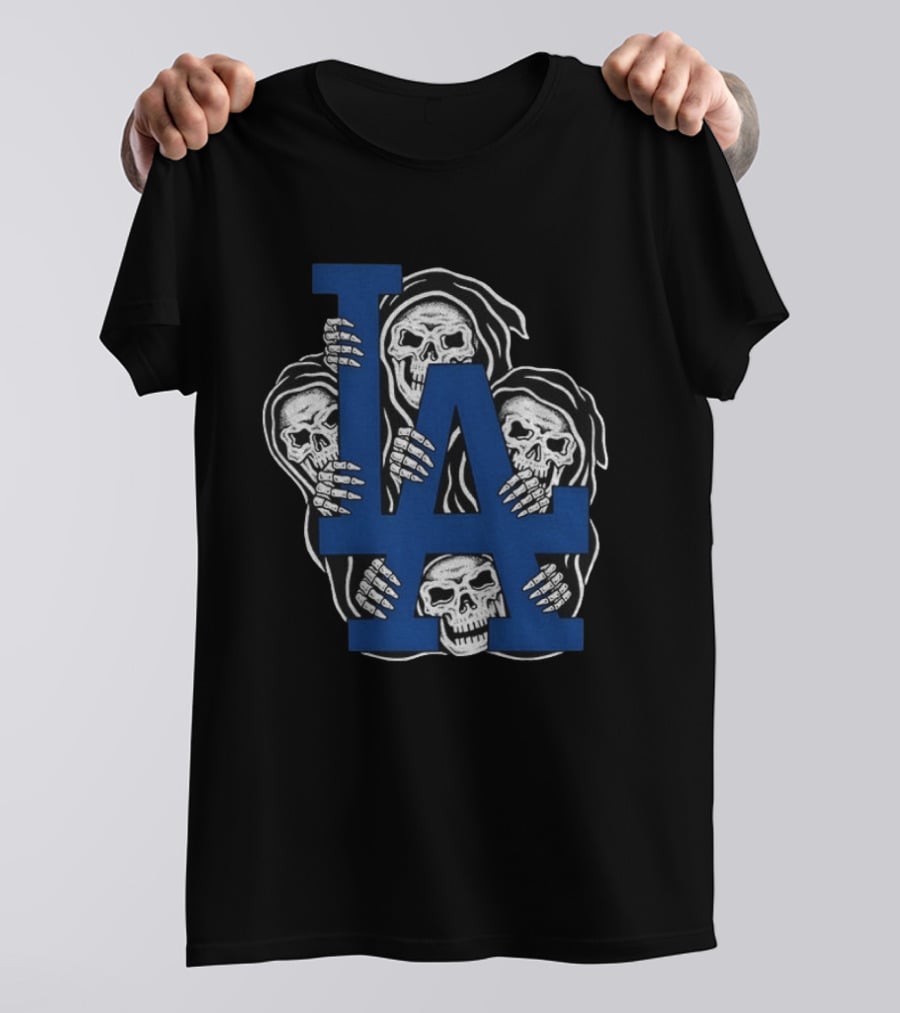 Skeletons Behind LA Dodgers Blue T-Shirt