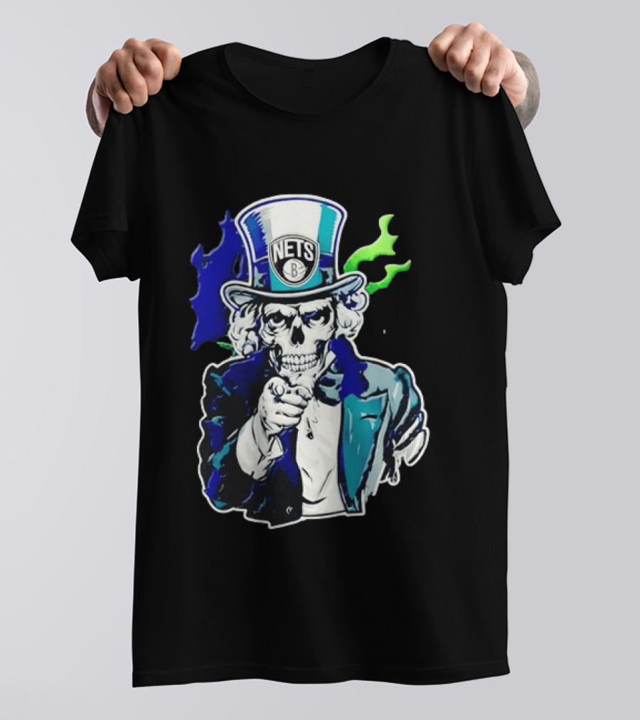 Brooklyn Nets Skeleton Uncle Sam Top Hat Pointing Stripes T-Shirt