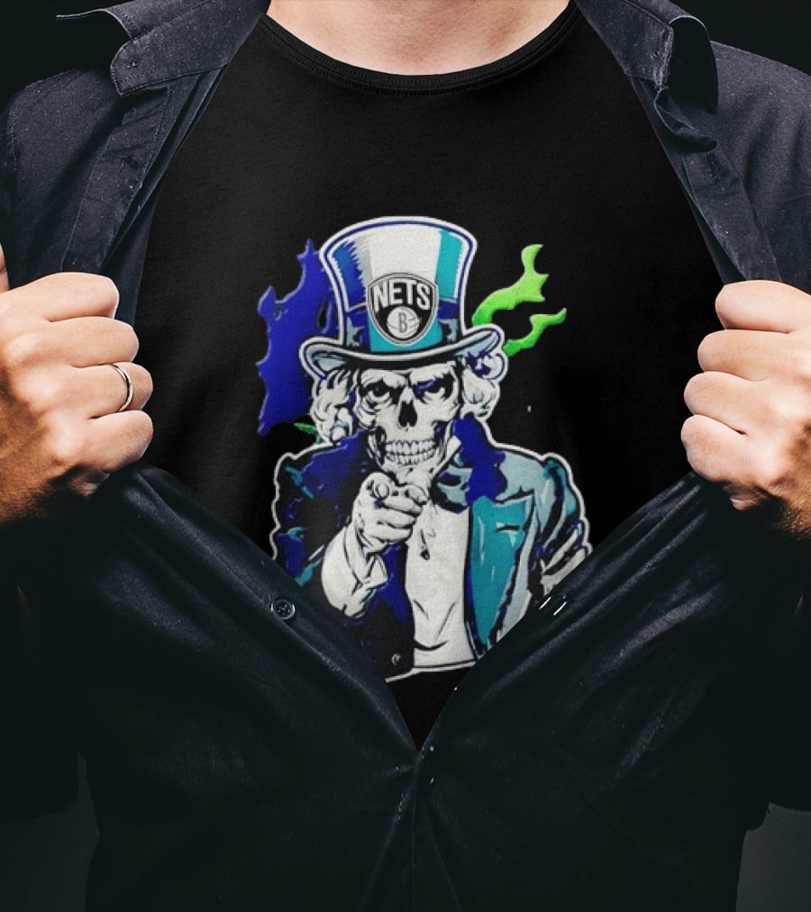Brooklyn Nets Skeleton Uncle Sam Top Hat Pointing Stripes T-Shirt