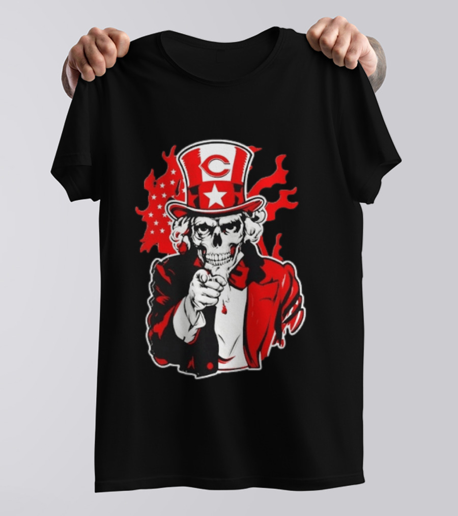 Cincinnati Reds Skeleton Uncle Sam Pointing US Flag Flames T-Shirt