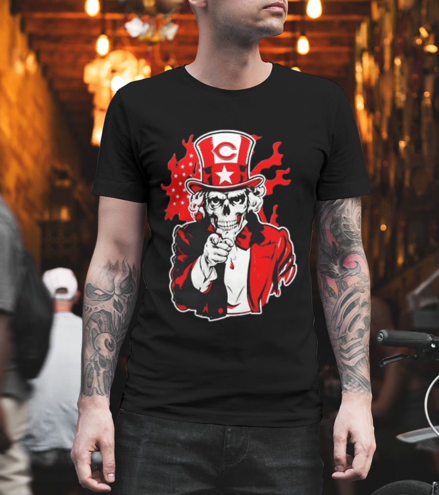 Cincinnati Reds Skeleton Uncle Sam Pointing US Flag Flames T-Shirt