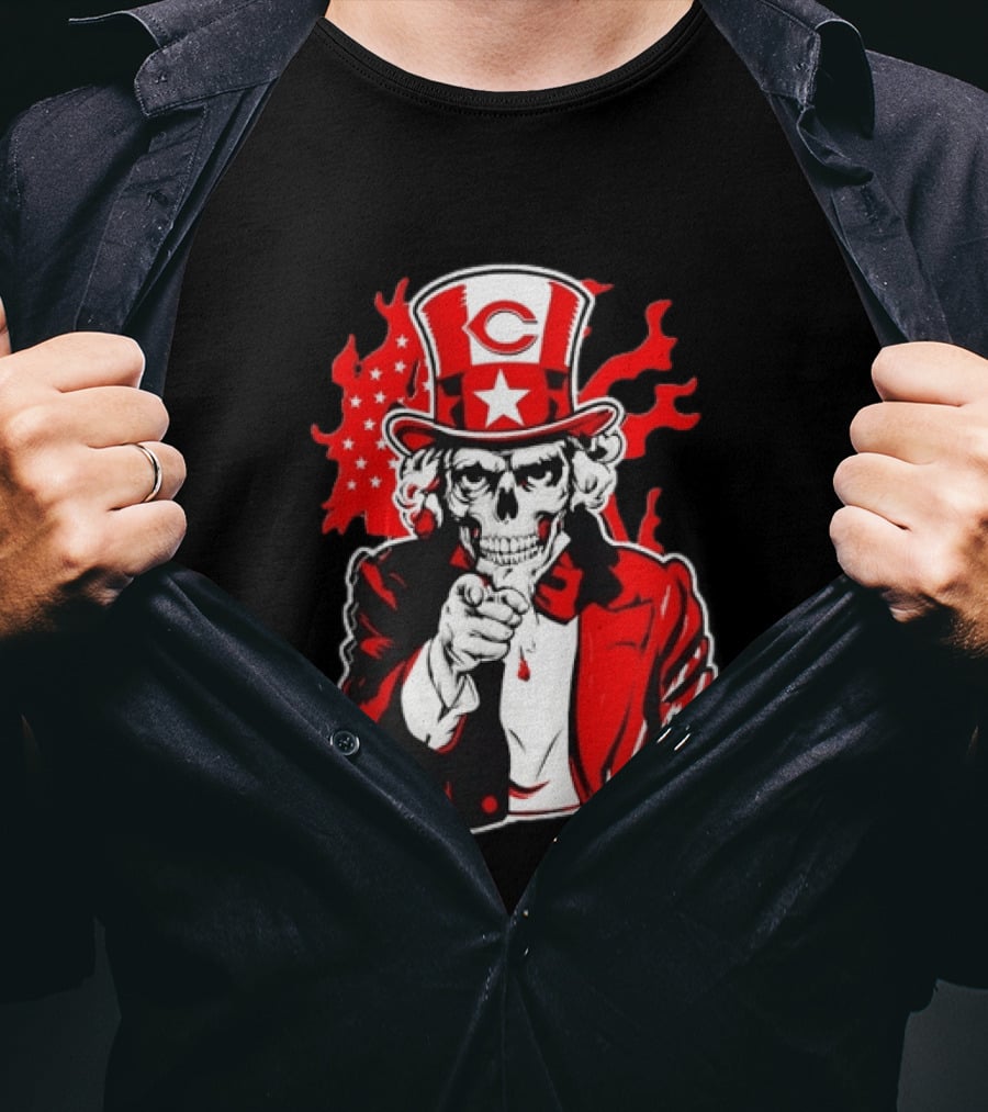 Cincinnati Reds Skeleton Uncle Sam Pointing US Flag Flames T-Shirt