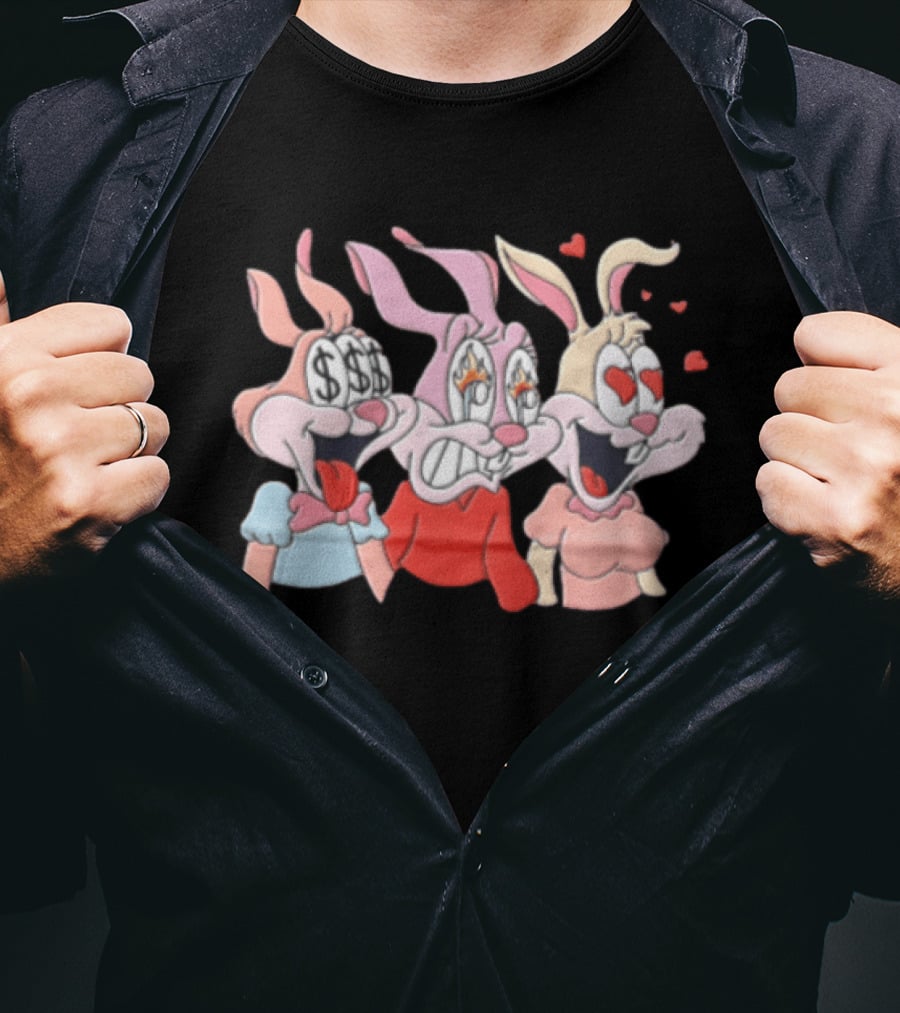 Three Cartoon Female Rabbits Dollar Signs Fire Heart Eyes Expressions T-Shirt