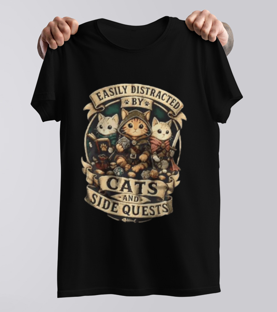Easily Distracted By Cats And Side Quests Fantasy Adventure Cats T-Shirt