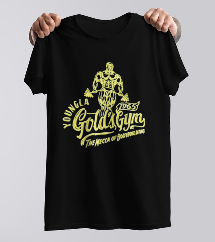 Youngla Golds Gym 1965 The Mecca Of Bodybuilding Muscular Man Holding Barbell T-Shirt
