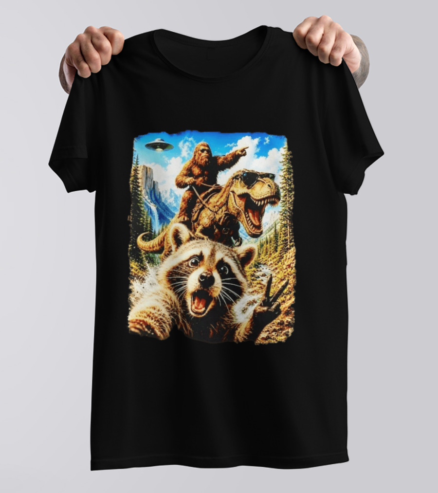 Raccoon Selfie Bigfoot Rex Adventure With UFO And Mountains T-Shirt