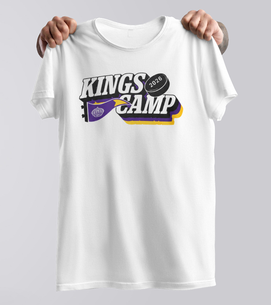 Kings Camp 2026 Hockey Puck Purple Banner T-Shirt