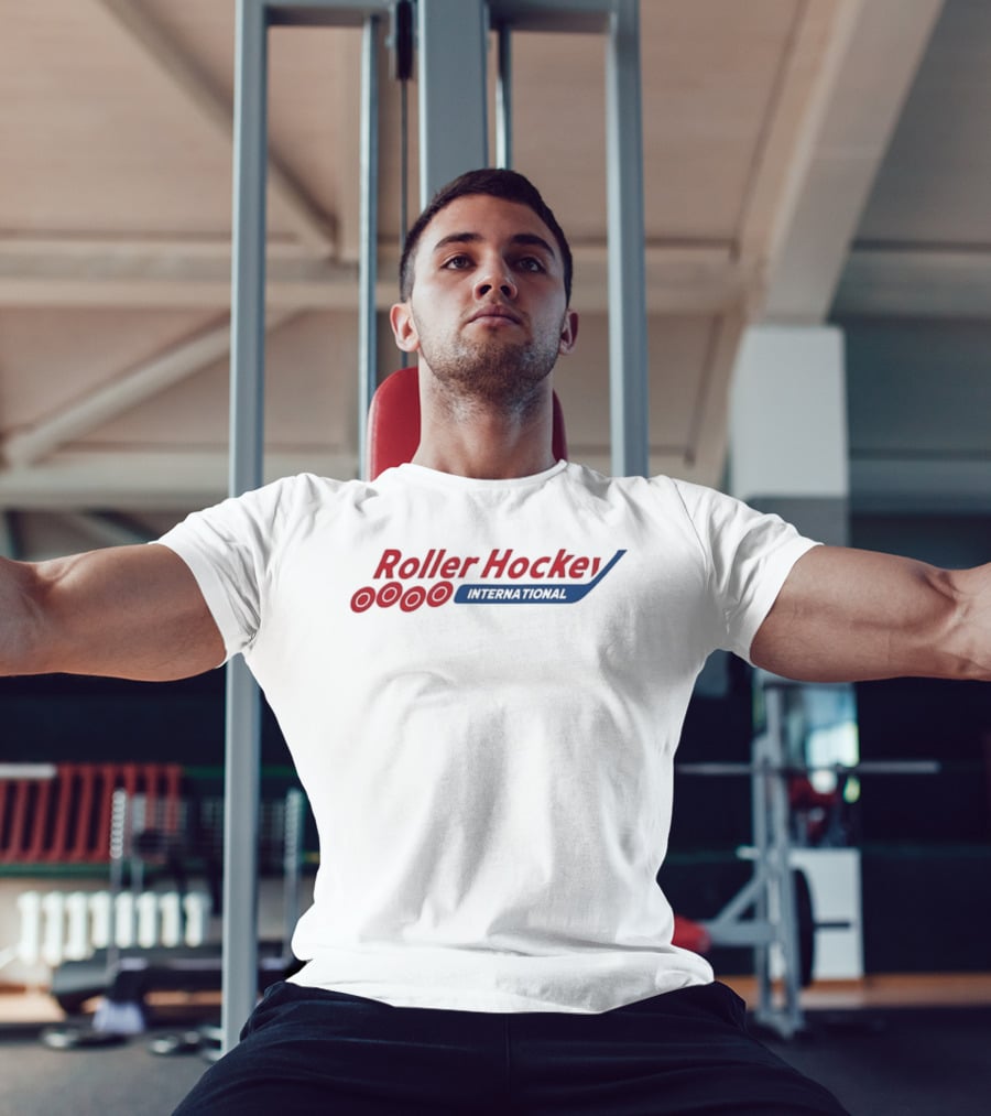 Roller Hockey International RHI Red And Blue Text With Puck T-Shirt