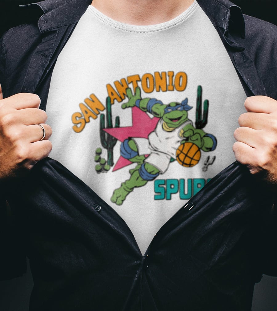 San Antonio Spurs Cartoon Turtle Dribbling Basketball Cacti T-Shirt