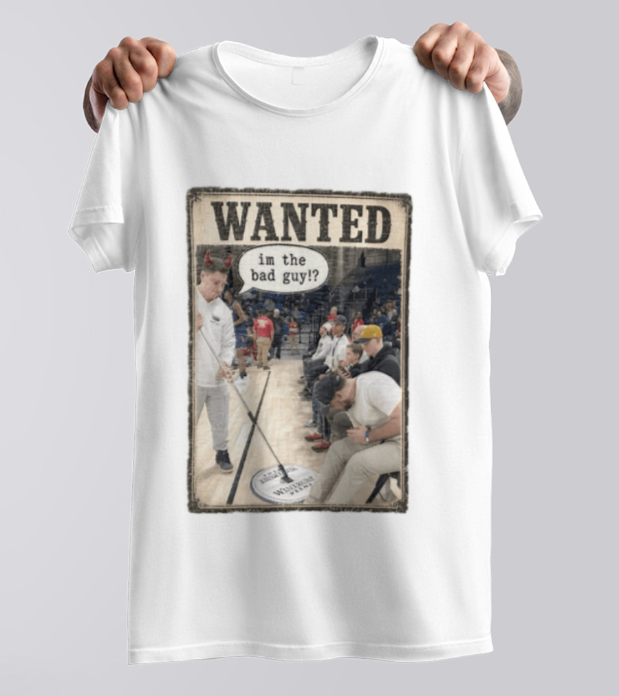 Wanted Im The Bad Guy Wintrust Arena Man Sweeping Floor Devil Horns T-Shirt