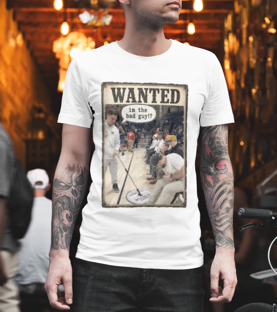 Wanted Im The Bad Guy Wintrust Arena Man Sweeping Floor Devil Horns T-Shirt