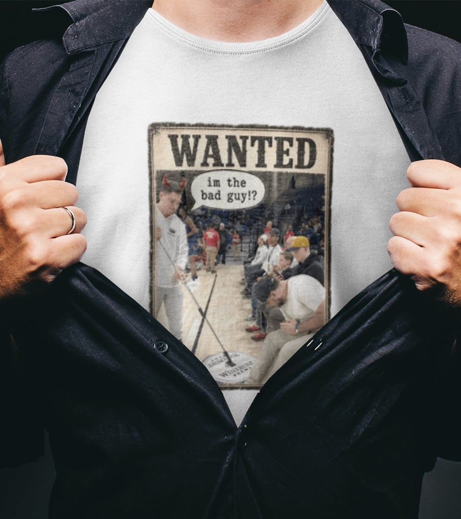 Wanted Im The Bad Guy Wintrust Arena Man Sweeping Floor Devil Horns T-Shirt