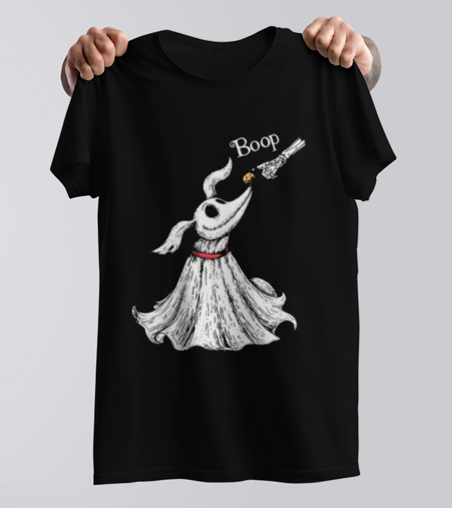 Boop Skeletal Hand Touching Pumpkin Nose With Ghostly Dog Line Sketch T-Shirt