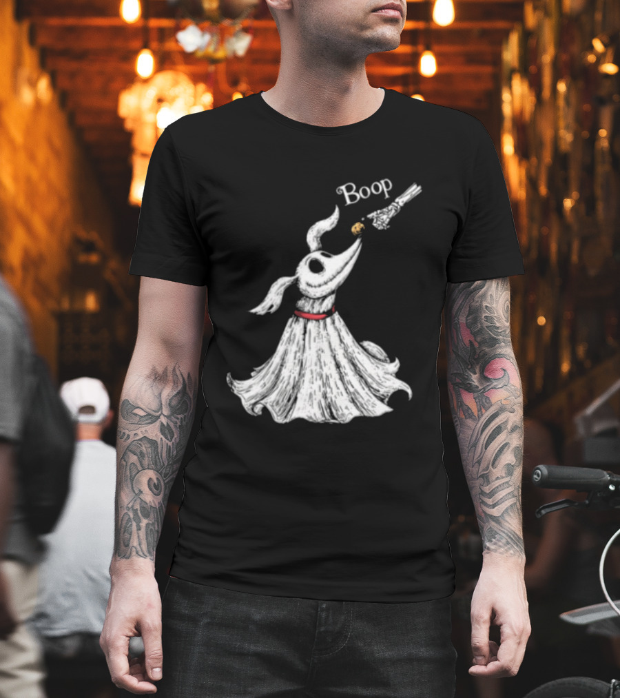 Boop Skeletal Hand Touching Pumpkin Nose With Ghostly Dog Line Sketch T-Shirt