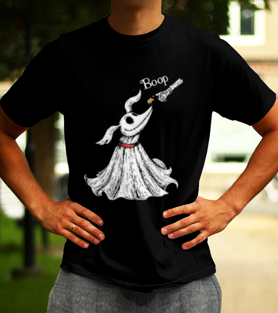 Boop Skeletal Hand Touching Pumpkin Nose With Ghostly Dog Line Sketch T-Shirt