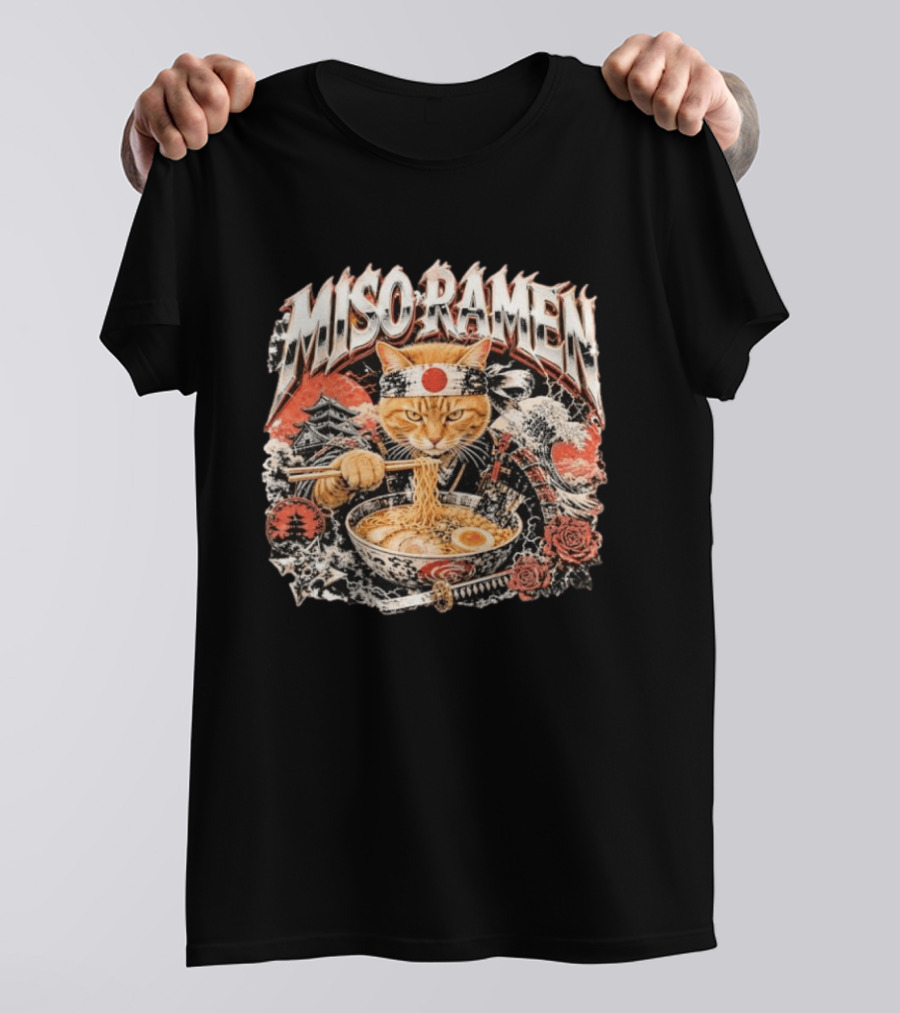 Miso Ramen Samurai Cat Japanese Foodie Bowls Japan Culture T-Shirt