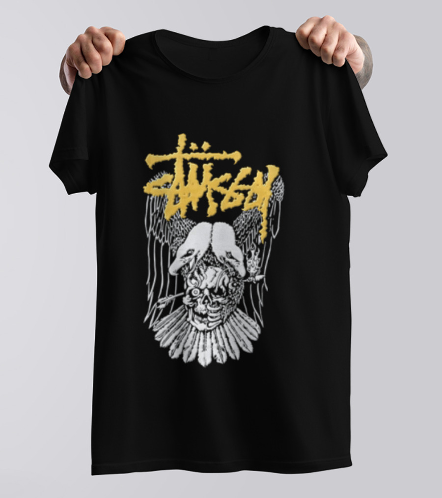 Stussy Two Headed Eagle Skull Yellow Text White Sketch T-Shirt