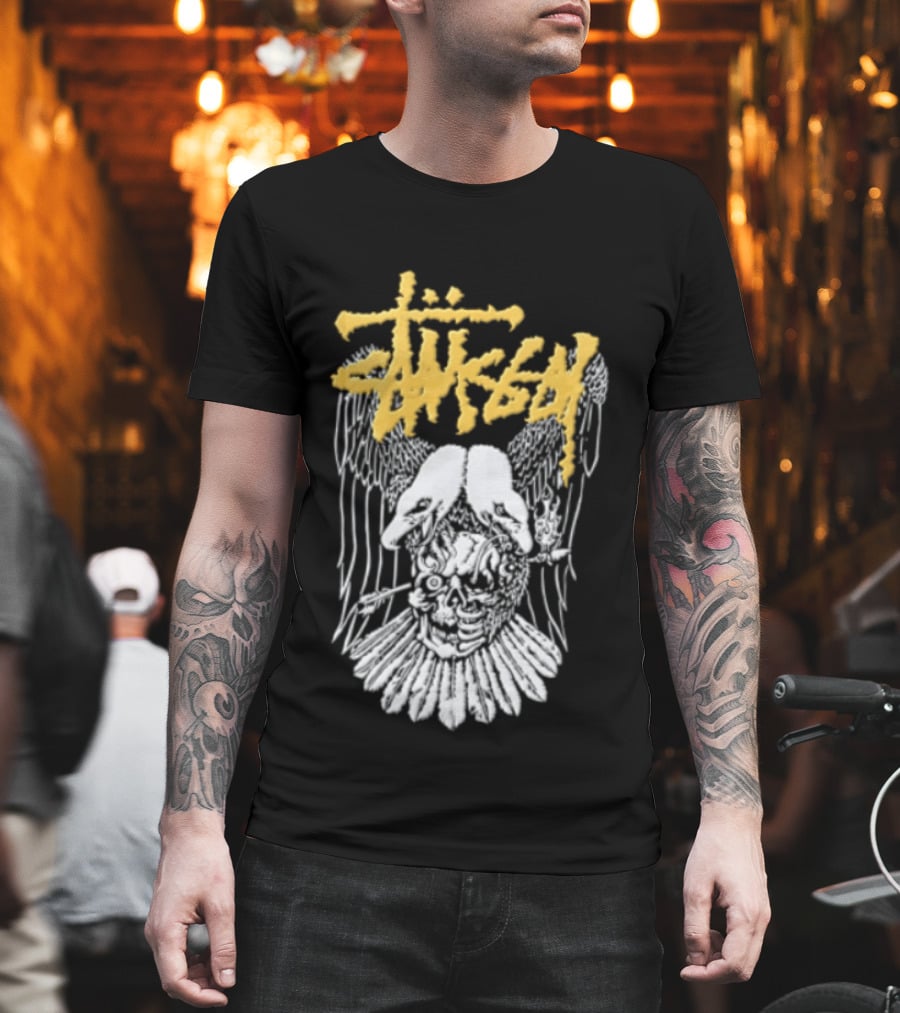 Stussy Two Headed Eagle Skull Yellow Text White Sketch T-Shirt