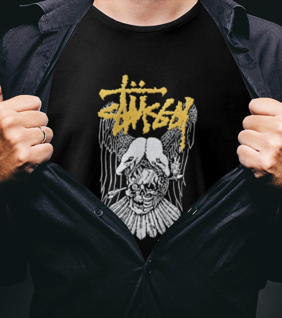 Stussy Two Headed Eagle Skull Yellow Text White Sketch T-Shirt