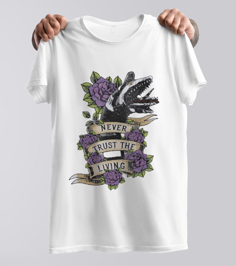 Beetlejuice Never Trust The Living Floral Banner With Sandworm And Purple Roses T-Shirt