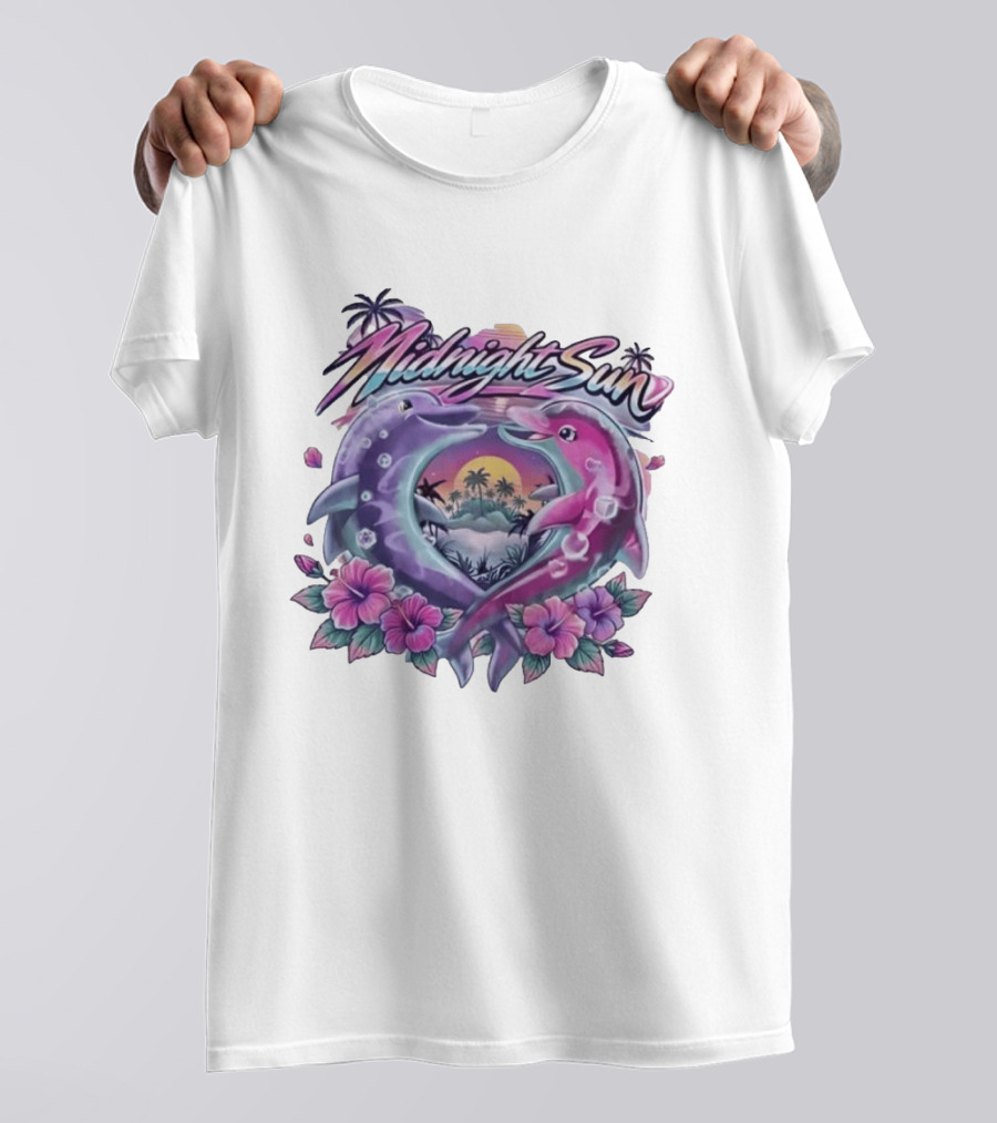Midnight Sun Heart Dolphins Tropical Sunset T-Shirt