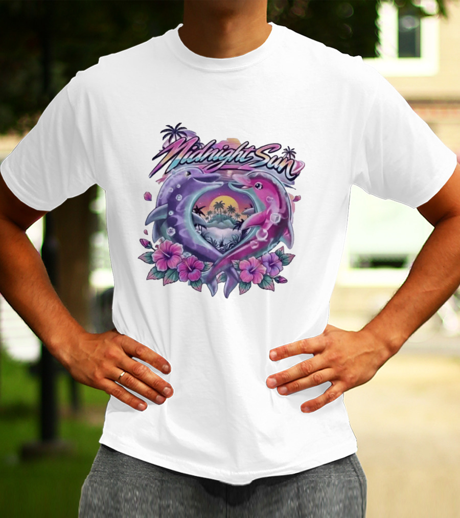 Midnight Sun Heart Dolphins Tropical Sunset T-Shirt