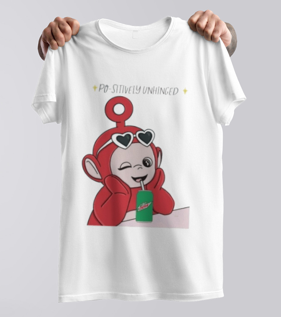 Po Sitively Unhinged Funny Red Teletubby Heart Sunglasses Drinking Mtn Dew T-Shirt