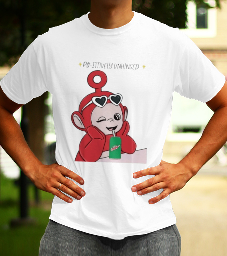 Po Sitively Unhinged Funny Red Teletubby Heart Sunglasses Drinking Mtn Dew T-Shirt