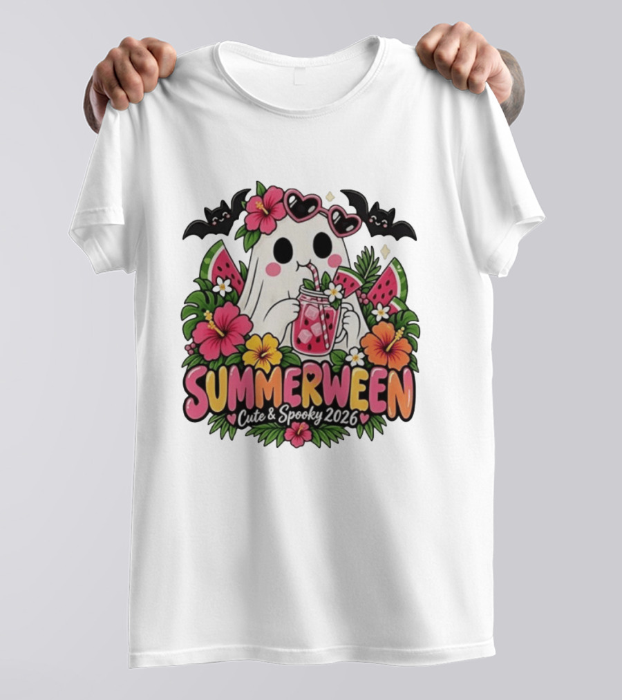 Summerween Cute And Spooky 2026 Ghost With Tropical Flowers And Bats T-Shirt