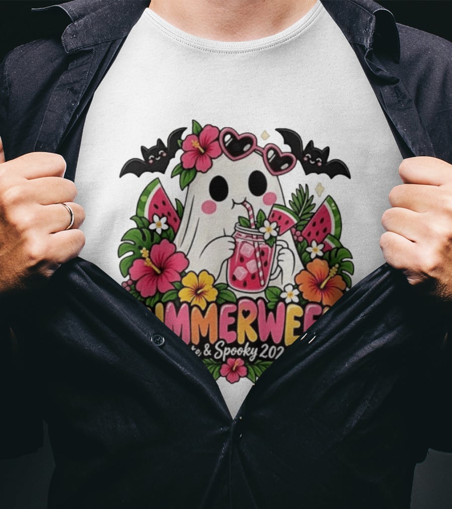 Summerween Cute And Spooky 2026 Ghost With Tropical Flowers And Bats T-Shirt