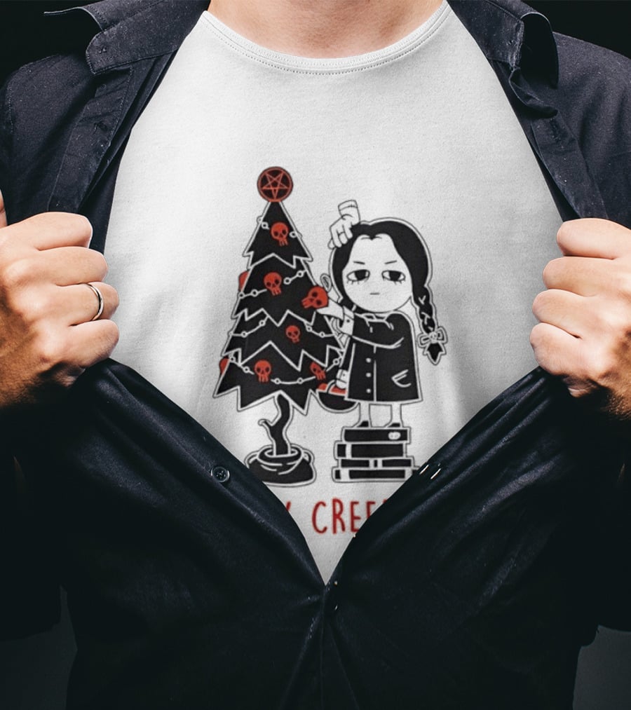 Wednesday Addams Merry Creepmas Goth Christmas Skulls Tree T-Shirt