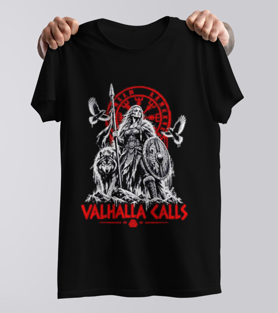 Valhalla Calls Viking Warrior With Wolf Ravens Spear Shield Nordic Rune Wheel T-Shirt