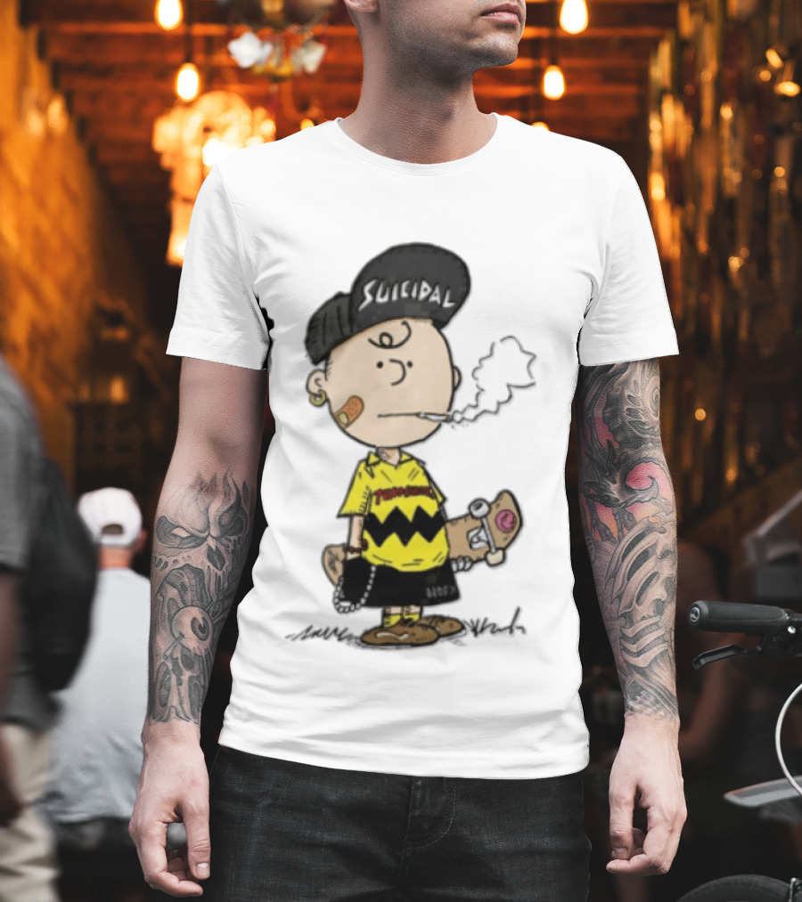 Charlie Brown Cartoon Boy Smoking Skateboard Punk Scumbag Thrasher T-Shirt