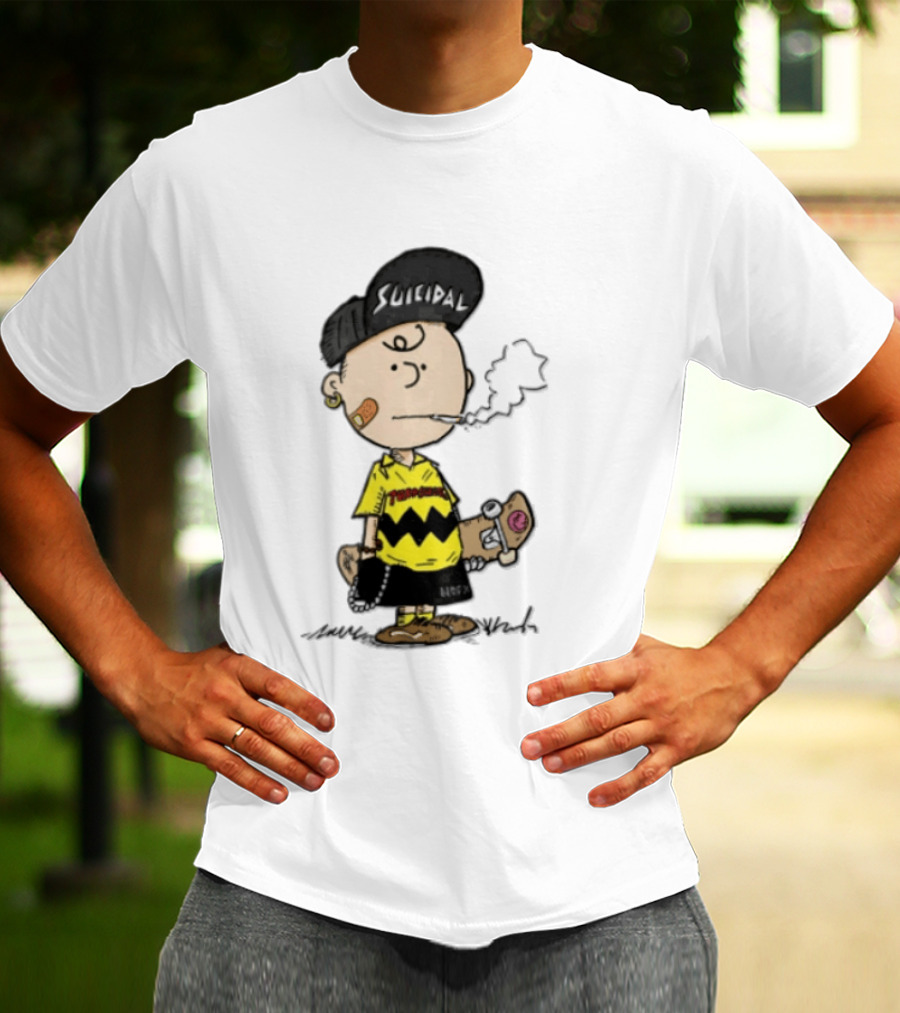 Charlie Brown Cartoon Boy Smoking Skateboard Punk Scumbag Thrasher T-Shirt