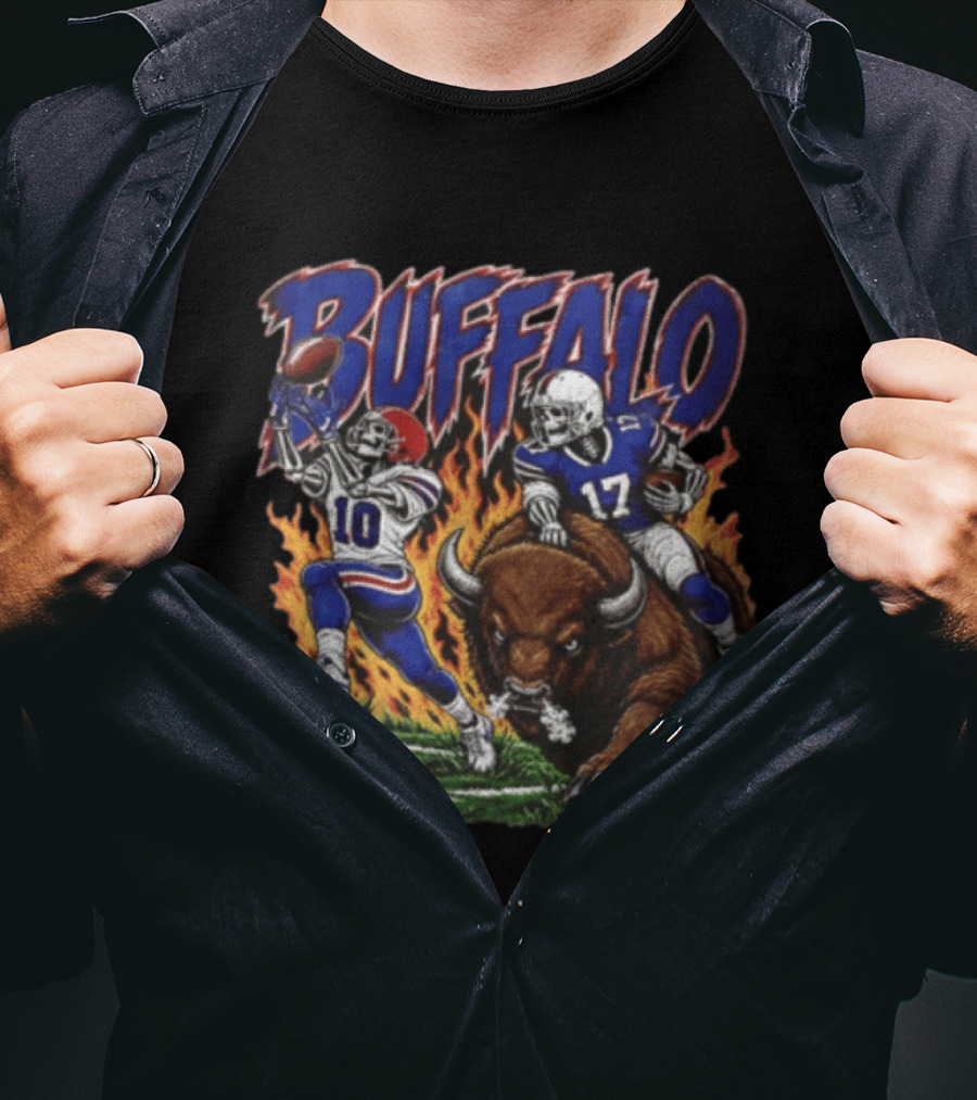 Buffalo Bills 17 Skeleton Players Football Charging Bison T-Shirt