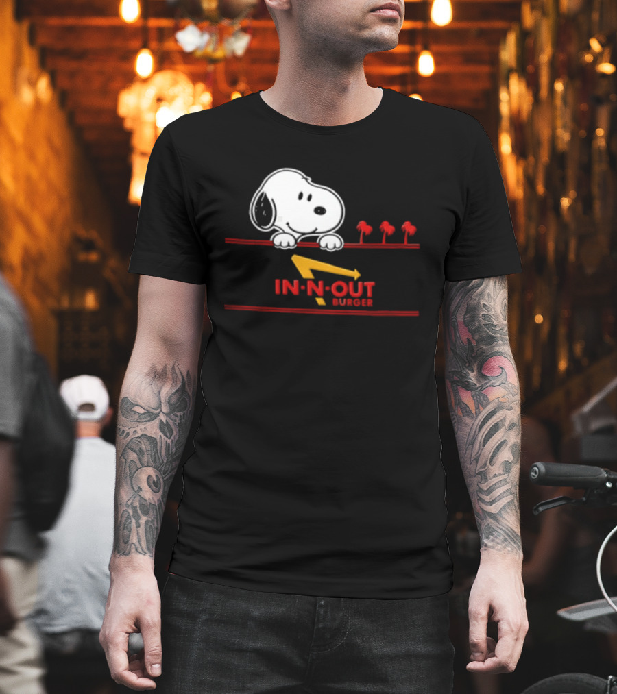 Snoopy Peeking Over In N Out Burger Red Lines With Palm Trees T-Shirt